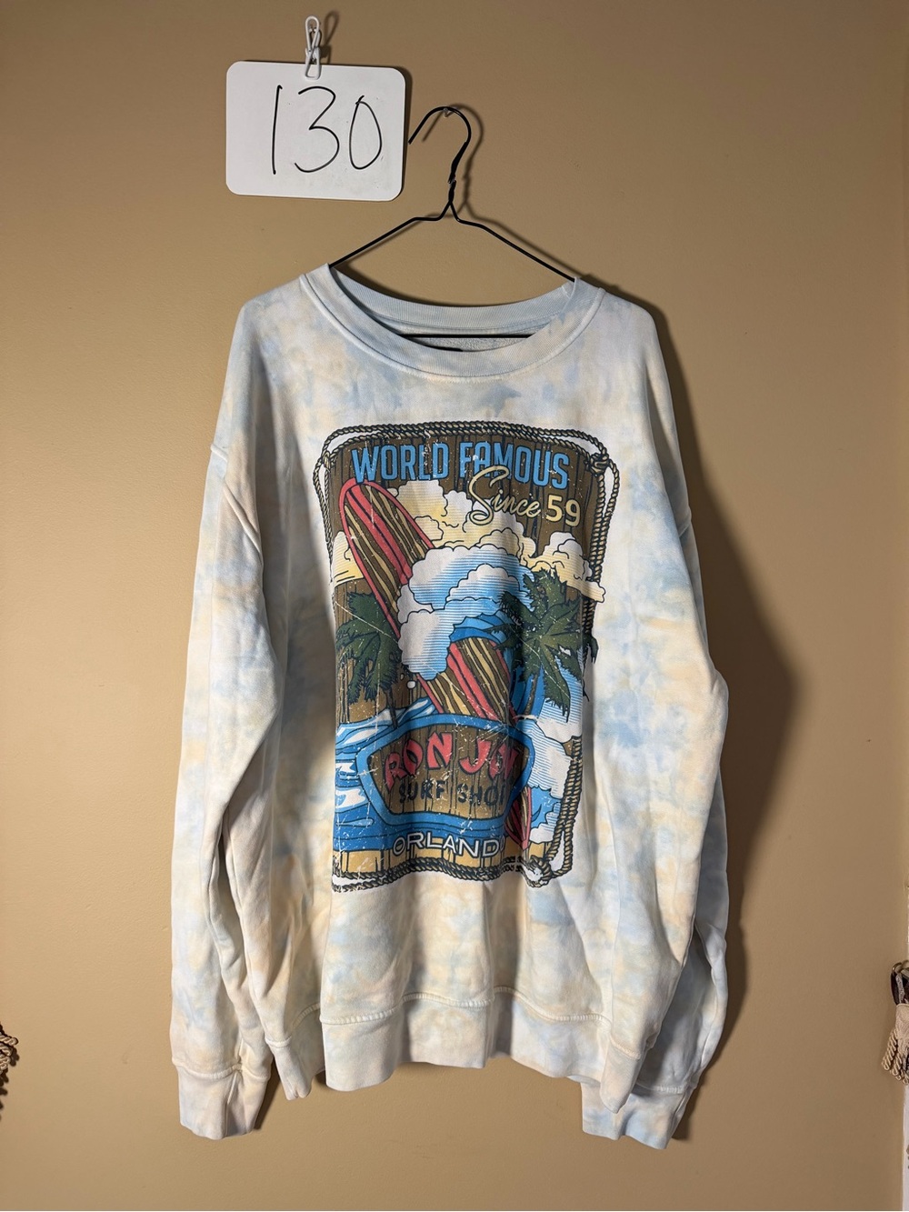 Tie-Dye Surf Graphic Crewneck Sweatshirt - Light Blue RON JON Sz xl